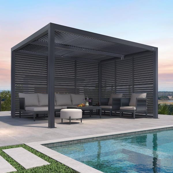 PURPLE LEAF 11 ft. x 13 ft. Gray Aluminum Louvered Pergola with 2 Individual Sunshade Roofs and 1-Long 1-Short Side Shutter Wall