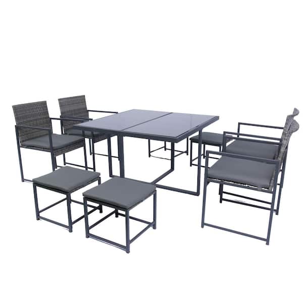 Zeus & Ruta 9-Piece Wicker Outdoor Dining Set with Gray Cushions and Glass Table for Patio, Garden, Poolside, Backyard