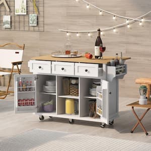 White Rubber Wood 53 in. W Kitchen Island Cart with Drop-Leaf Countertop and Cabinet Door Internal Storage Racks