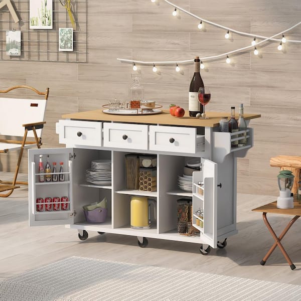 Runesay White Rubber Wood 53 in. W Kitchen Island Cart with Drop-Leaf Countertop and Cabinet Door Internal Storage Racks
