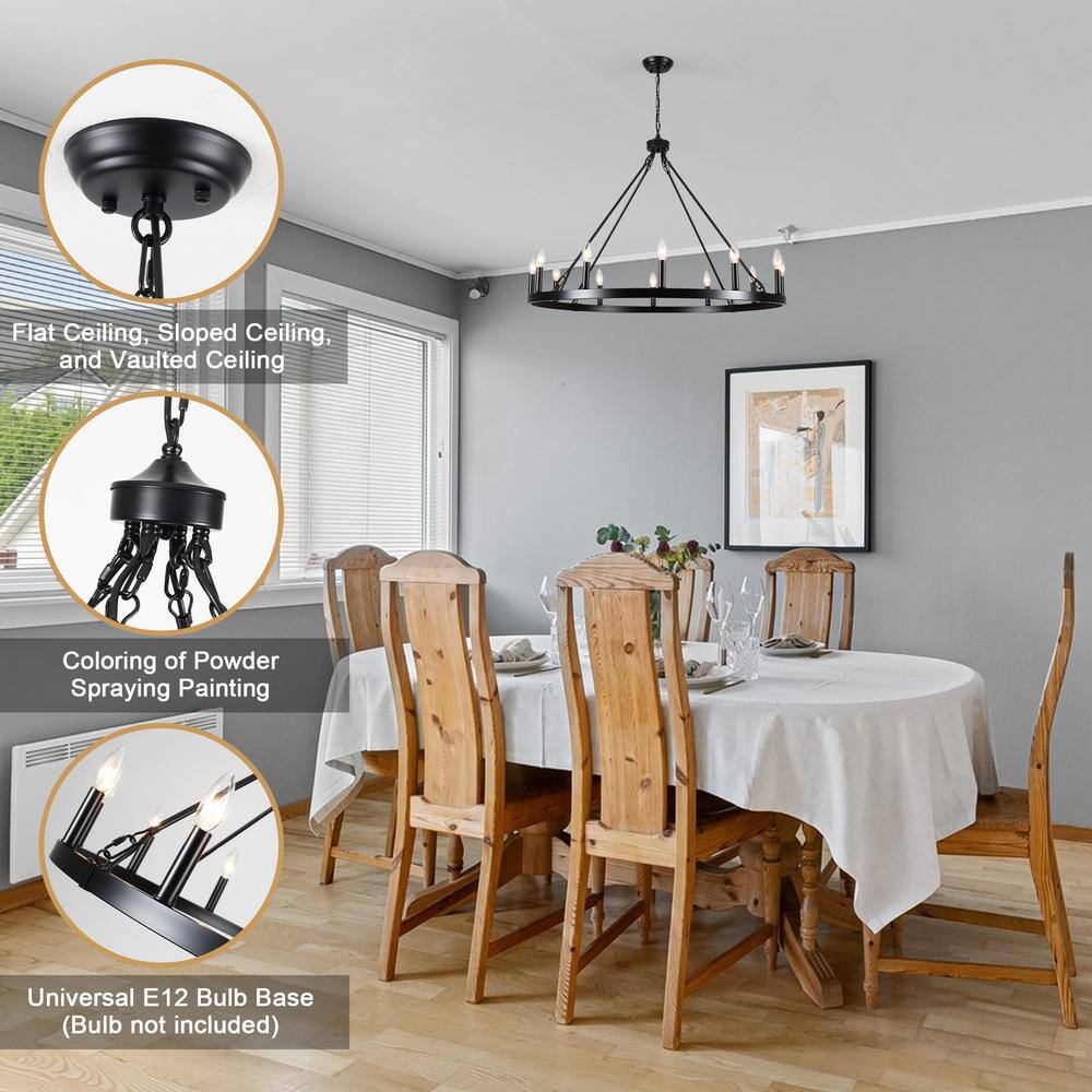 Black Metal 12-Light Candle Wagon Wheel Chandelier