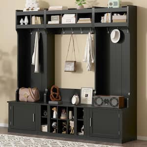 Multi-functional 4-in-1 Wide Design Black Hall Tree with Storage Cabinets, Coat Racks and Shoe Cubbies
