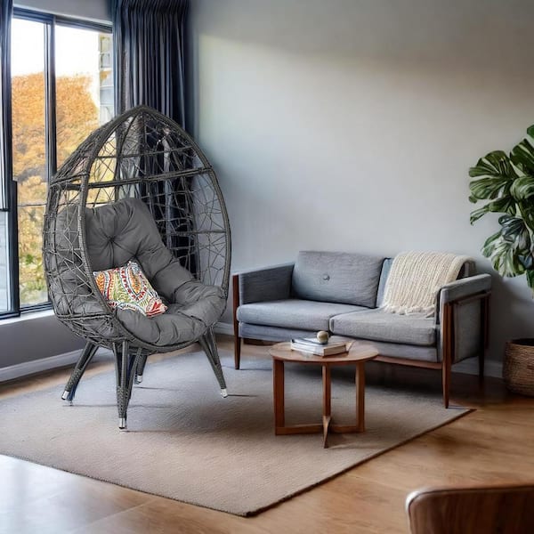 Unbranded Wicker Outdoor Lounge Chair Egg Chair Oversived Basket Rattan Chair with Gray Cushion for Balcony Bedroom Patio