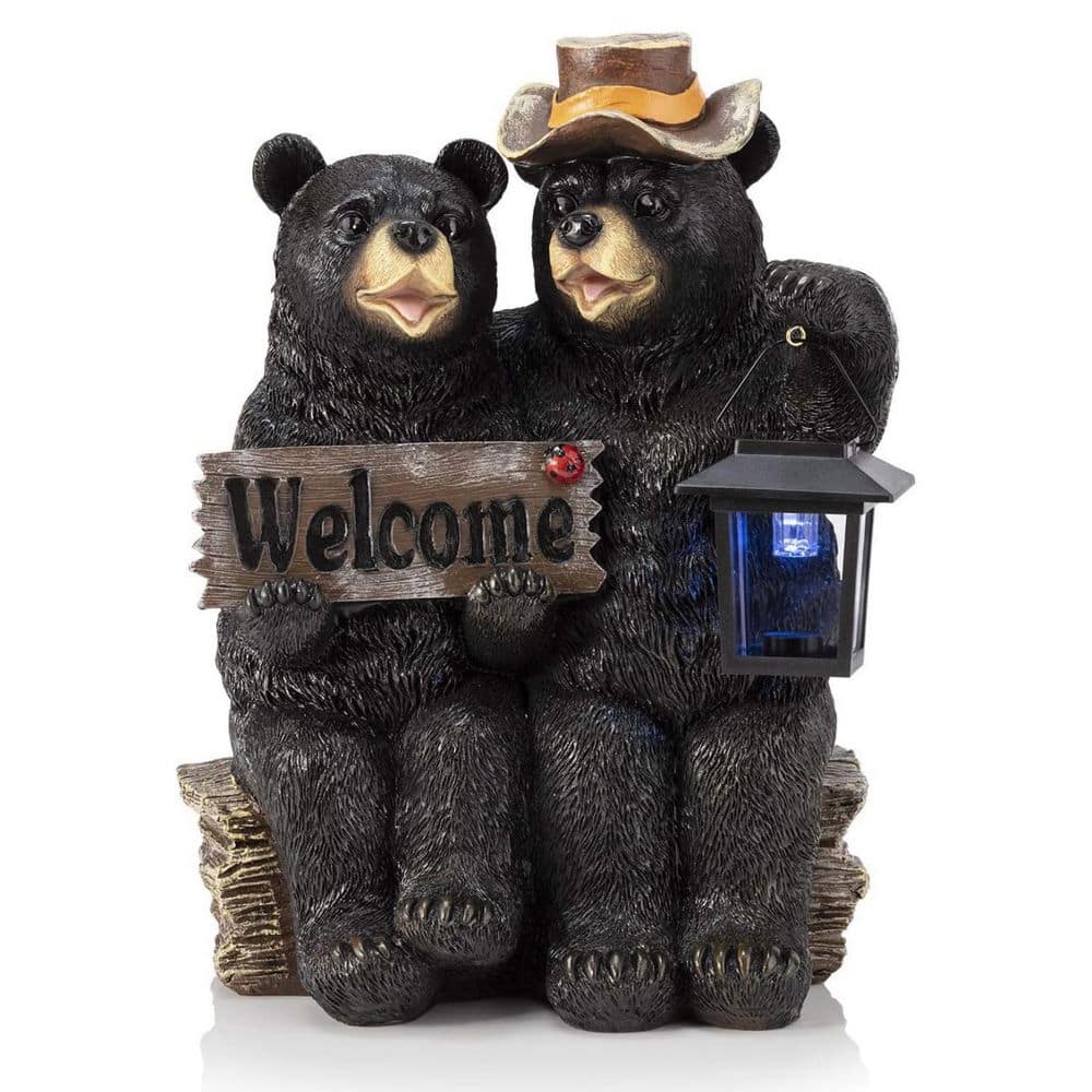 Outdoor Bear Couple with Lantern and Welcome Sign Garden Statue