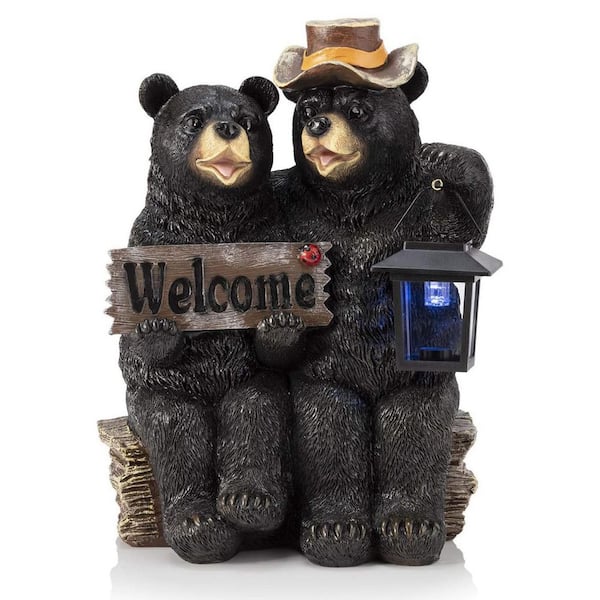 Outdoor Bear Couple with Lantern and Welcome Sign Garden Statue