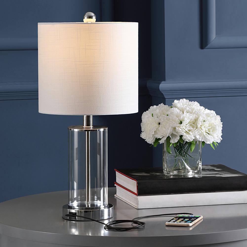 Abner 21" Chrome and Clear Glass USB Table Lamp Set