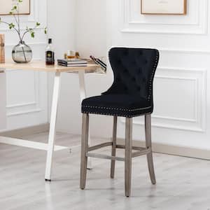Harper 29 in. High Back Nail Head Trim Button Tufted Black Velvet Counter Stool with Solid Wood Frame in Antique Gray