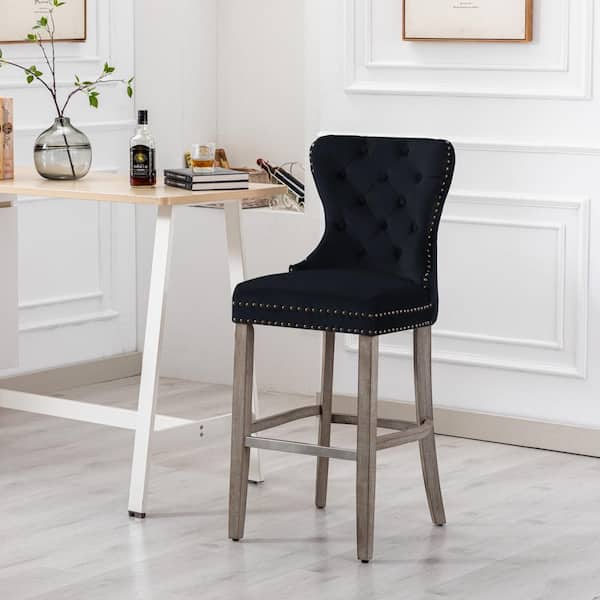 Harper 29 in. High Back Nail Head Trim Button Tufted Black Velvet Counter Stool with Solid Wood Frame in Antique Gray