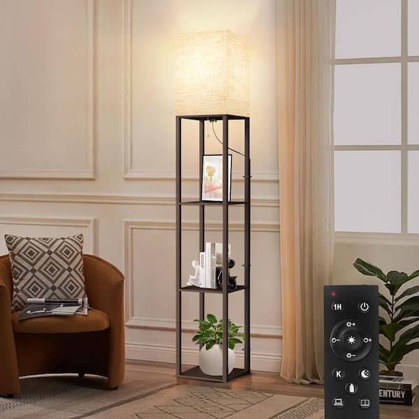 BICIK 63 in. Walnut 1-Light Column Shelf Floor Lamp with Linen Shade and LED Bulb