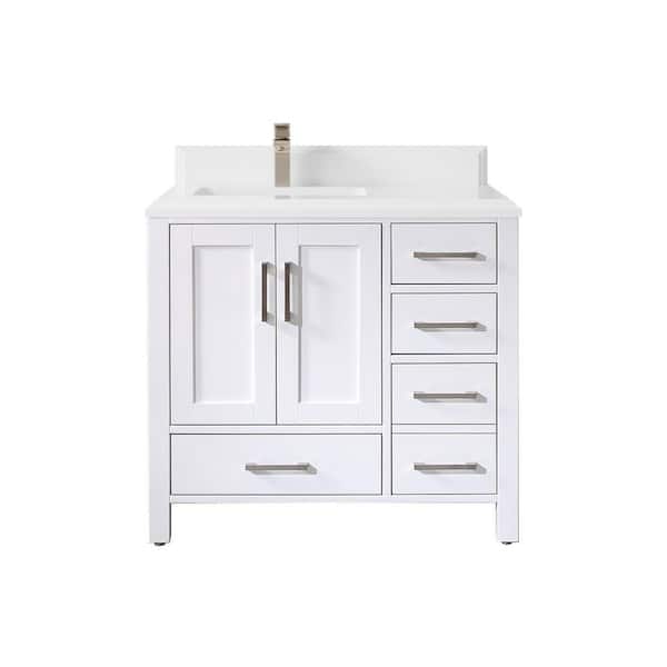 Willow Collections Malibu 36 in. W x 22 in. D x 36 in. H Left Offset Sink Bath Vanity in White with Cove Edge White Quartz Top
