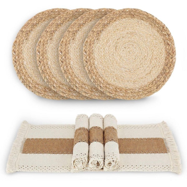 12 in. x 0.1 in. Linen Handmade Boho Placemats, Burlap and Water Straw Woven Combination Table Mats, Brown (4-Pack)