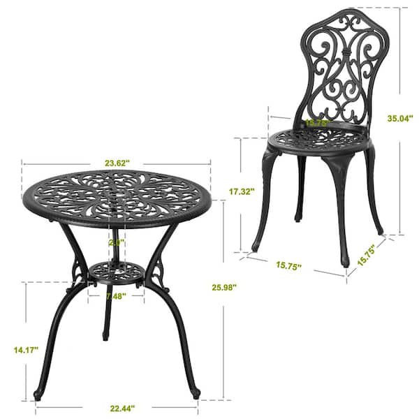 Black 3-Piece Cast Aluminum Round Outdoor Bistro Set with Umbrella Hole