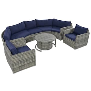 9-Pieces Gray Modern Semicircle Wicker Patio Conversation Set with Dark Blue Cushions