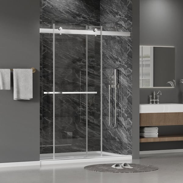 60 in. W x 75 in. H Double Sliding Frameless Shower Door in Brushed Nickel with Tempered Glass, Soft-closing