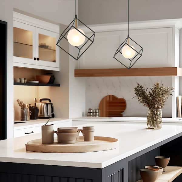 11 in. 1-Light Black DIY Pendant Light Classic Polished Brass Cage Chandelier Frosted Glass Globe Pendant Hanging Light