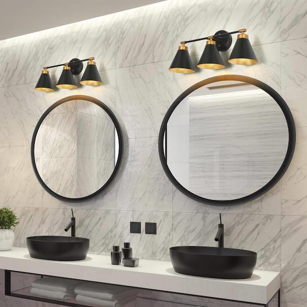 Modern Bathroom Cone Vanity Light 22.4 in. 3-Light Black and Antique Gold Powder Room Wall Sconce with Metal Shades
