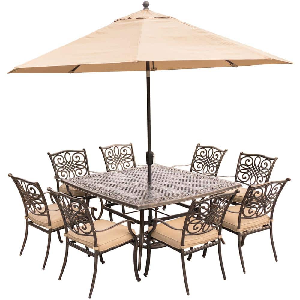 Hanover Traditions 9-Piece Aluminum Outdoor Dining Set with Square Cast-Top Table with Natural Oat Cushions, Umbrella and Base -  TRADDN9PCSQ-SU