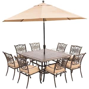 Traditions 9-Piece Aluminum Outdoor Dining Set with Square Cast-Top Table with Natural Oat Cushions, Umbrella and Base