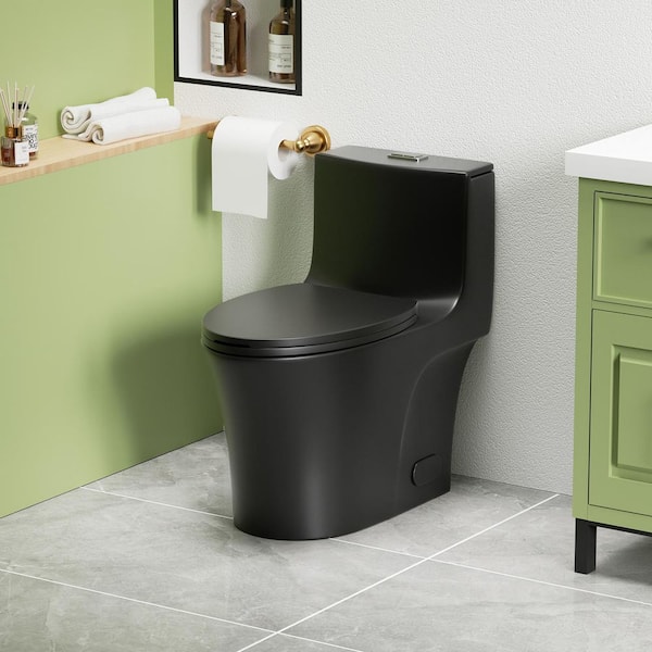 1-Piece 1.1/1.6 GPF Elongated Dual-Flush Toilet in Matte Black with Soft Close Seat