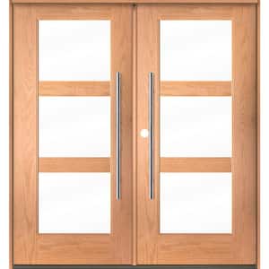 Modern Faux Pivot 72 in. x 80 in. Right-Active/Inswing 3Lite Clear Glass Teak Stain Double Fiberglass Prehung Front Door