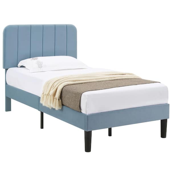 Upholstered Bed, Light Blue Twin Bed Platform Bed Frame with Adjustable Headboard, Strong Wooden Slats Support Bed Frame