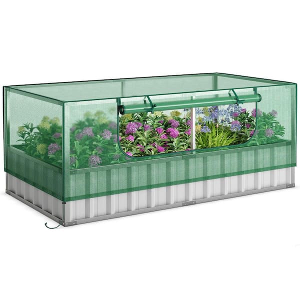 HONEY JOY 69 in. x 36 in. x 12 in. Galvanized Metal Raised Garden Bed with Greenhouse Cover Raised Planter Box Kit W/Roll-up Door