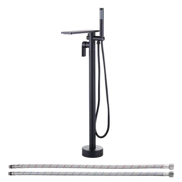 Single Handle Floor Mount Brass Waterfall Claw Foot Tub Faucet Free Standing Bathtub Filler with Hand Shower in Black
