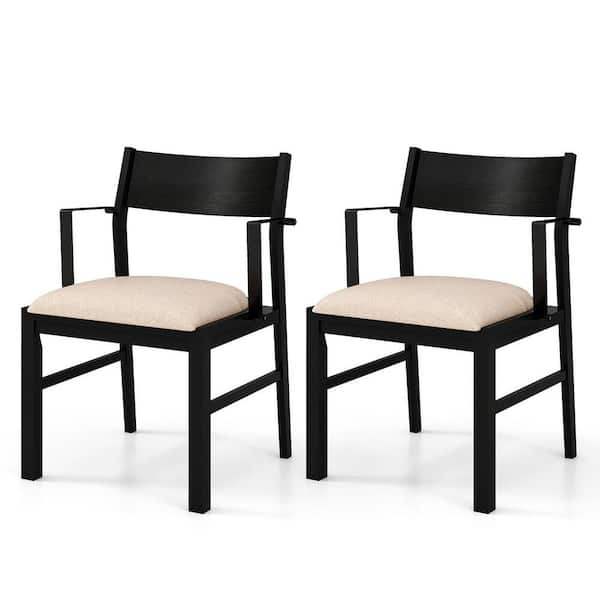Gymax Black + Beige Sponge Contoured Backrest Dining Chair w/Arms Set of 2 Modern Kitchen Chairs