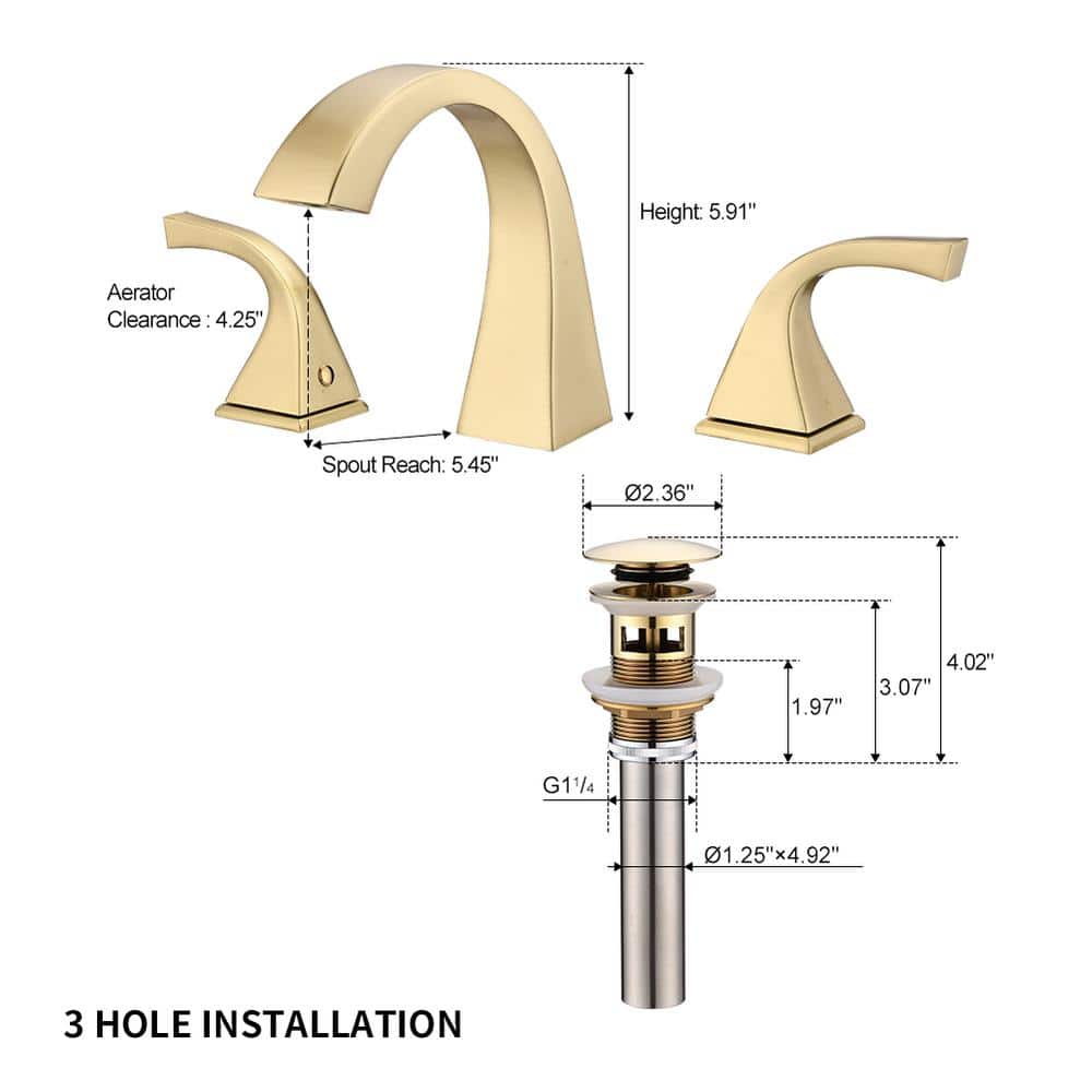 Brushed Gold 8-Inch Widespread Brass Bathroom Faucet with Pop-Up Drain