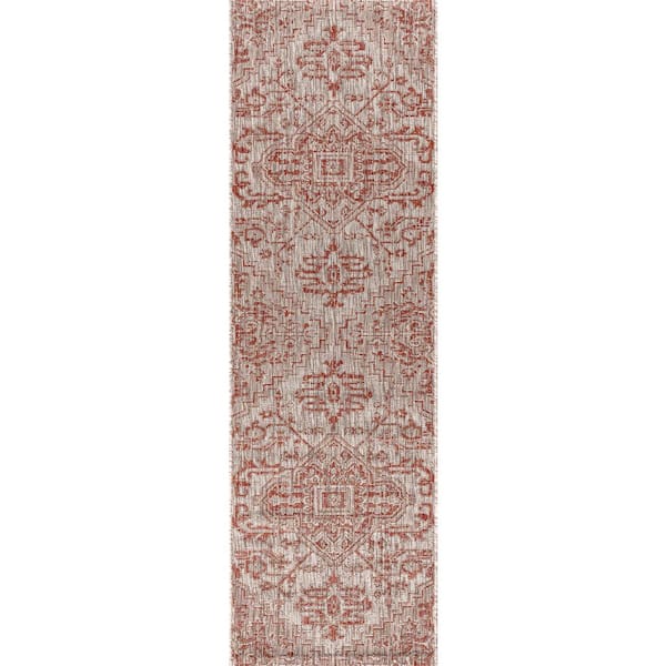 Estrella Bohemian Medallion Textured Weave Red/Taupe 2 ft. x 10 ft. Indoor/Outdoor Runner Rug