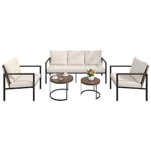 4-Piece Wicker Outdoor Patio Conversation Set with Beige Cushions, 3-Seater Sofa, Armchairs, and Nesting Coffee Tables