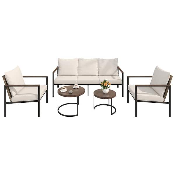INMITOM 4-Piece Wicker Outdoor Patio Conversation Set with Beige Cushions, 3-Seater Sofa, Armchairs, and Nesting Coffee Tables