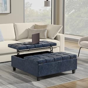 Harrison 40 in. Wide Transitional Square Large Coffee Table Storage Ottoman in Denim Blue Vegan Faux Leather