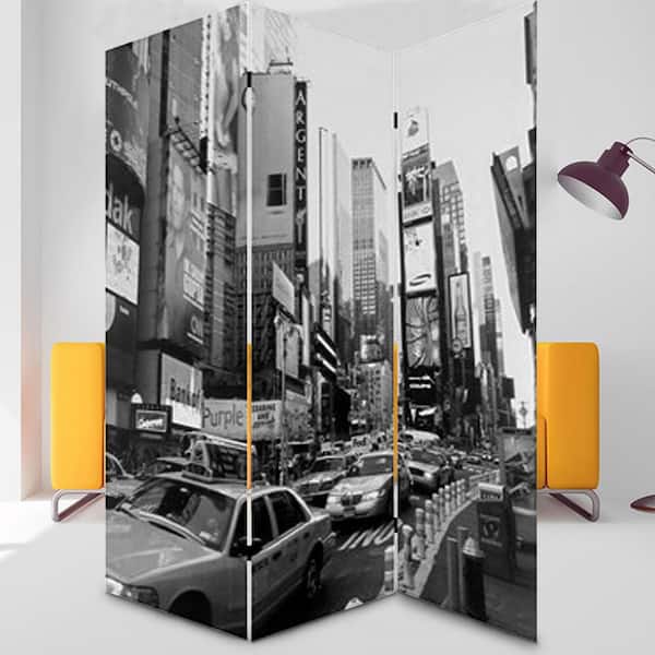 Benjara 3-Panel Black and White Foldable Canvas Screen with NYC Print