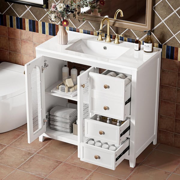Magic Home 36 in. Freestanding Storage White Bathroom Vanity with White Ceramic Top, Glass Door, Adjustable Shelves