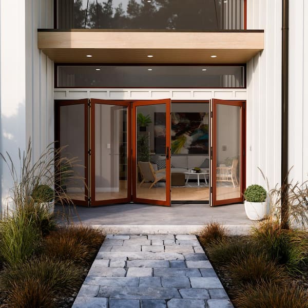 W5500 124 in. x 80 in. Mesa Red Right Hand/Outswing Aluminum Clad Wood 4-Panel Prehung Folding Patio Door