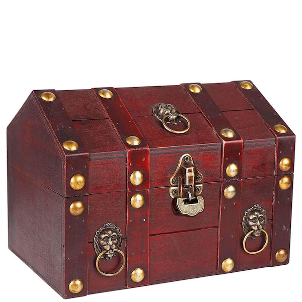 Vintage Red Wooden Jewelry Chest with Lock-Handmade Antique