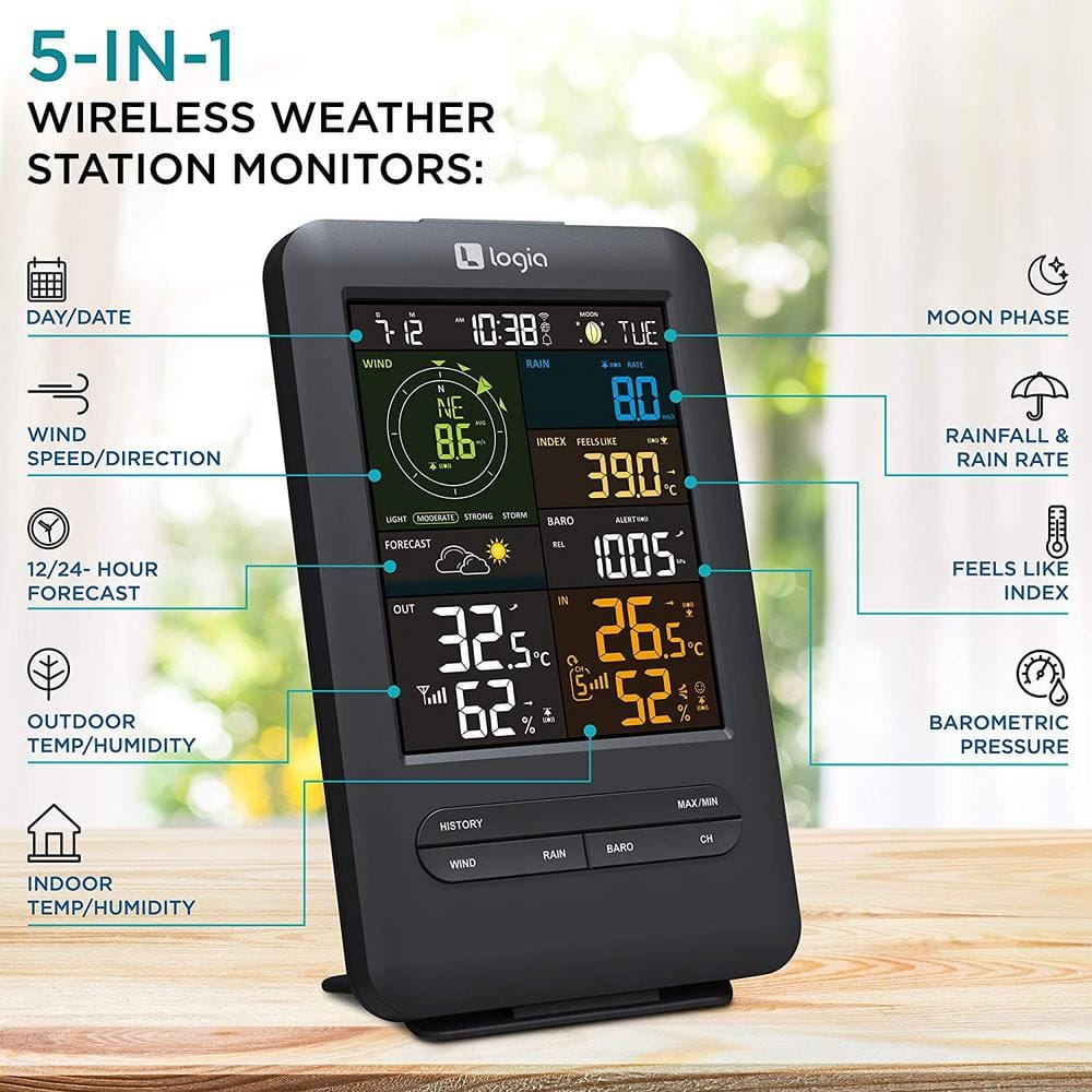 Logia 5-in-1 Wireless Solar Weather Station with LCD Display