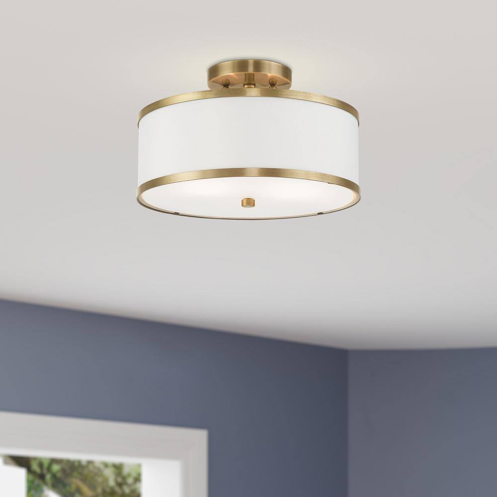 Antique Brass and Off-White Fabric Semi-Flush Mount Light
