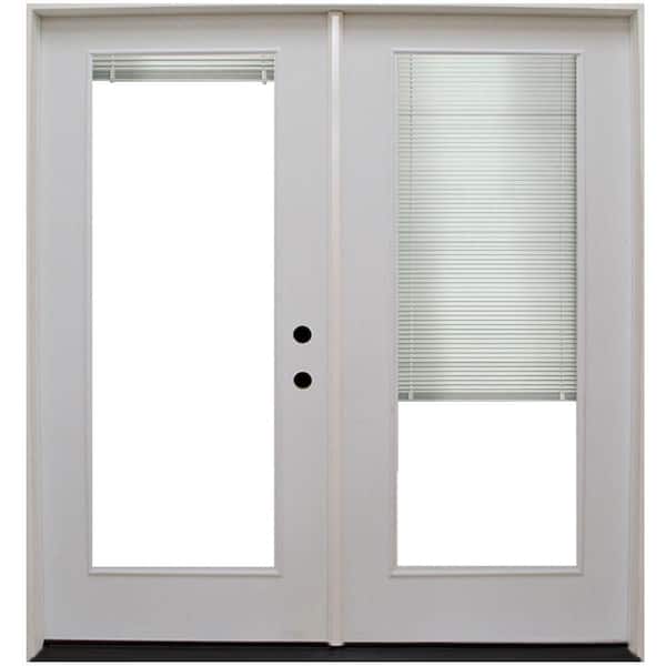 Steves & Sons 68 in. x 80 in. Reliant Series White Primed Fiberglass Prehung Left-Hand Inswing Mini Blind Patio Door