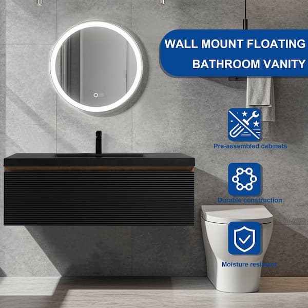 47.2 in. Wall-Mounted Floating Bath Vanity with Single Black Quartz Sink Top in Natural Oak and Black Assembled