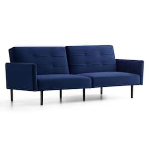 2-Seat Navy Velvet Futon Chair Sofa Bed with Buttonless Tufting