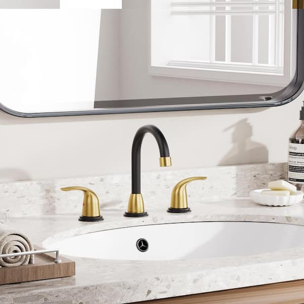 8 in. Widespread Double Handle Bathroom Faucet with Drain Kit Included in Gold and Black