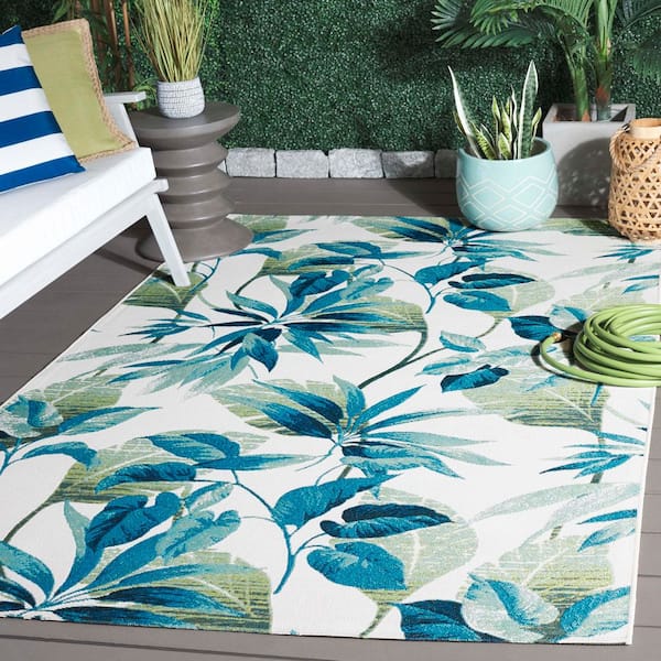 Barbados Ivory/Blue 10 ft. x 12 ft. Botanical Leaf Indoor/Outdoor Area Rug
