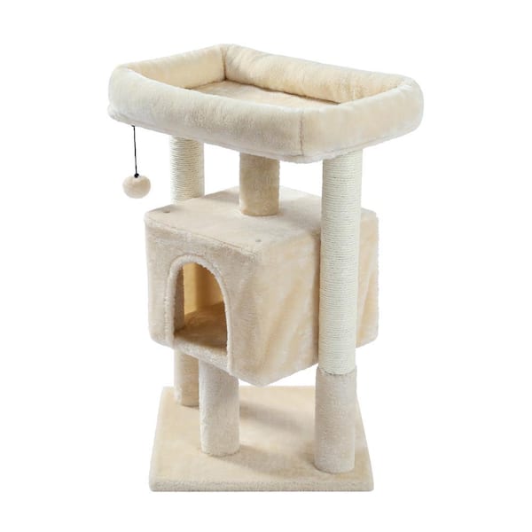 Small Cat Tree for Indoor Cats Polyester Plush Cat Tower with Condos, Spacious Perch, Scratching Sisal Posts Beige