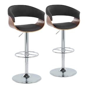 Vintage Mod 32 in. Charcoal Fabric, Walnut Wood and Chrome Metal Adjustable Bar Stool with Wheel Footrest (Set of 2)