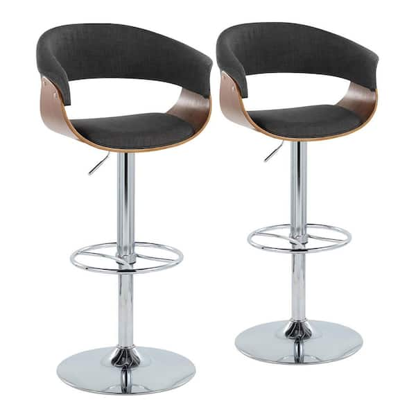 Vintage Mod 32 in. Charcoal Fabric Walnut Wood and Chrome Metal Adjustable Bar Stool with Wheel Footrest Set of 2