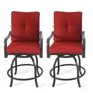 Isabella High Swivel Metal Frame Outdoor Bar Stools with Burgundy Cushion