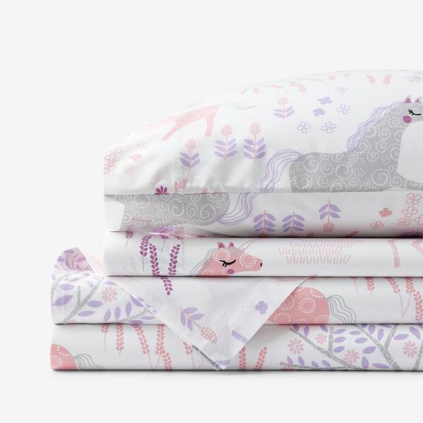 Company Kids by The Company Store Company Kids Unicorn Forest Organic 4-Piece White Multicolored Cotton Percale Full Sheet Set