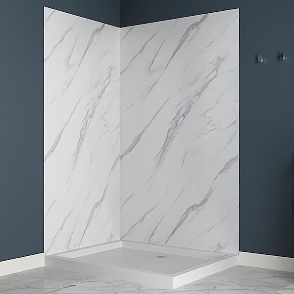 DSH-1220-118 36 in. L x 48 in. W x 76 in. H 2-Piece Glue-Up Corner Shower Wall Surround in White Marble Finish